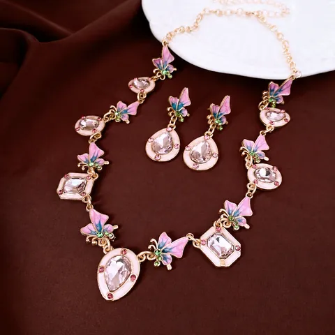 Conjunto de Joyas Vintage Mariposa de Esmalte con Collar Colgante de Gota de Diamantes de Imitación y Pendientes Poste de Plata 925