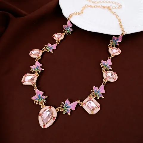 Conjunto de Joyas Vintage Mariposa de Esmalte con Collar Colgante de Gota de Diamantes de Imitación y Pendientes Poste de Plata 925