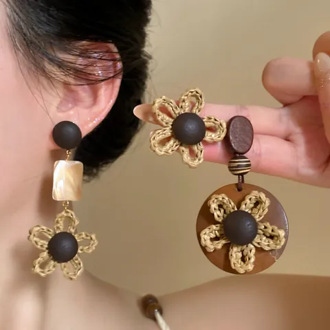 Vintage Bruin Maillard Geweven Bloem Oorknopjes Voor Vrouwen Handgemaakte Hout Stro Vakantie Boheemse Etnische Sieraden