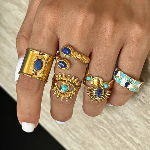 Anello in Acciaio Inossidabile Boho Con Turchese Blu Naturale Lapislazzuli Malocchio Placcato Oro PVD Anello Vintage per Donna Gioielli