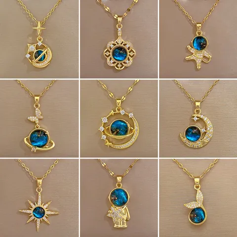 Luxury Titanium Steel Copper Rhinestone Galaxy Stone Pendant Necklace For Women Elegant Palace Style Star Moon Jewelry