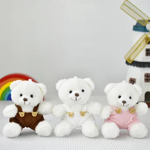 White Teddy Bear Plush Toy Keychain Mini Stuffed Animal Hanging Ornament With Colorful Corduroy Overalls Bag Charm Party Favor Gift
