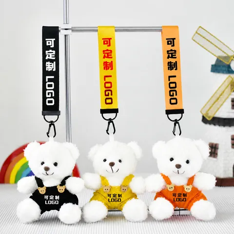 Süßer Weißer Teddybär Plüsch Schlüsselanhänger Anhänger Mit Buntem Seilriemen Und Bär Knopf Latzhose Tasche Charm Geschenk