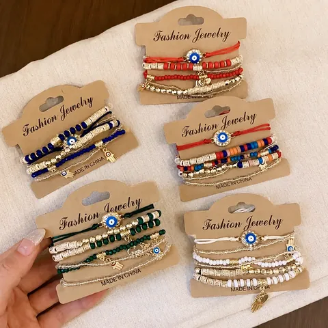 Vintage Acrylic Beaded Bracelet Set For Women Bohemian Evil Eye Hamsa Hand Drip Oil Heart Charm Elastic Strand Jewelry