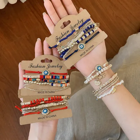 Vintage Acrylic Beaded Bracelet Set For Women Bohemian Evil Eye Hamsa Hand Drip Oil Heart Charm Elastic Strand Jewelry