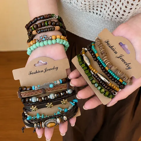 Pulseras de Cuentas Multicapa Vintage Bohemias Mujeres Madera Aleación Piedra Turquesa Amuletos Cuero Hecho a Mano Joyería Étnica