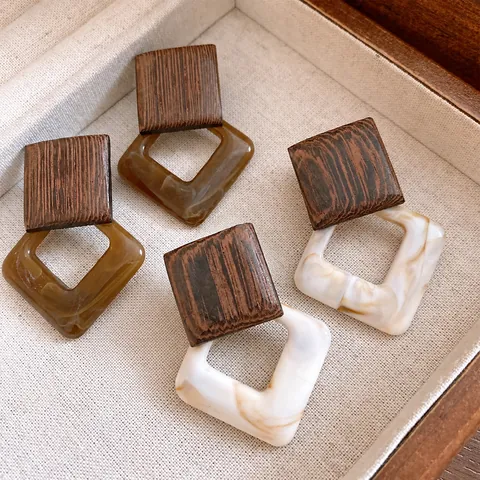 Retro European Geometric Stud Earrings For Women Wood Acrylic Marble Pattern Square Diamond Drop Earrings Fashion Jewelry