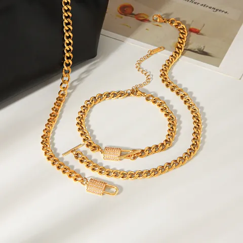 Französisches Retro Gold Vergoldet Edelstahl Panzerkette Halskette Armband Set Für Damen Mit Strass Besetztem Schloss Anhänger Luxus Modeschmuck