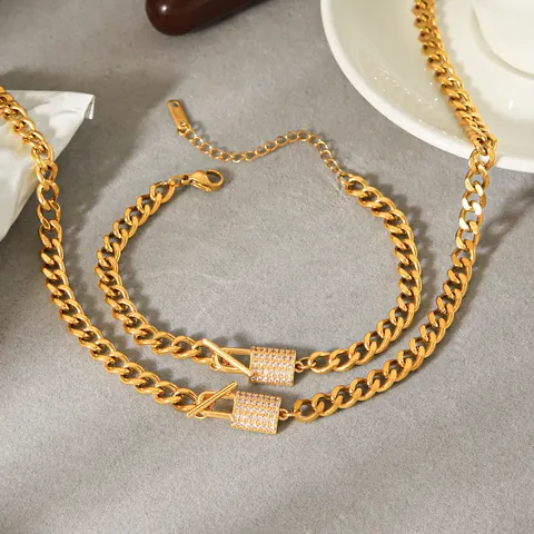 Französisches Retro Gold Vergoldet Edelstahl Panzerkette Halskette Armband Set Für Damen Mit Strass Besetztem Schloss Anhänger Luxus Modeschmuck