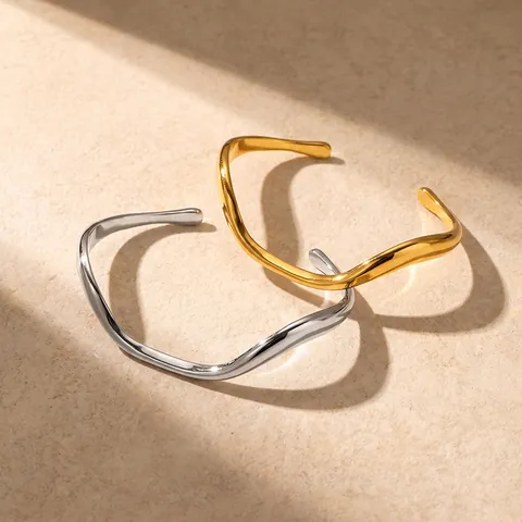 Trendy Minimalist Irregular Wave Line Stainless Steel Bangle Bracelet For Women Waterproof Non-Fading Open Adjustable Bangle Fashion Jewelry Gift