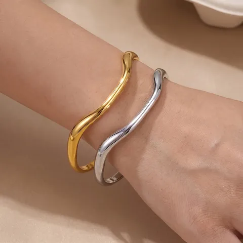 Trendy Minimalist Irregular Wave Line Stainless Steel Bangle Bracelet For Women Waterproof Non-Fading Open Adjustable Bangle Fashion Jewelry Gift