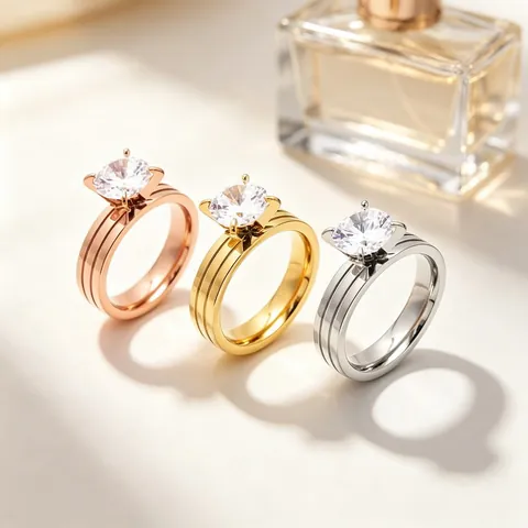 Titanium Steel Triple Groove Band Ring For Women Round Zirconia Four Prong Setting Solitaire Ring Wedding Jewelry Gift