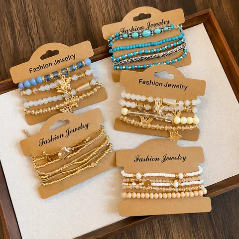 Bracelet Multicouches en Perles Bohème Rétro Pendentif Papillon Étoile de Mer Style Ethnique Verre Coloré Alliage Bijoux Femme