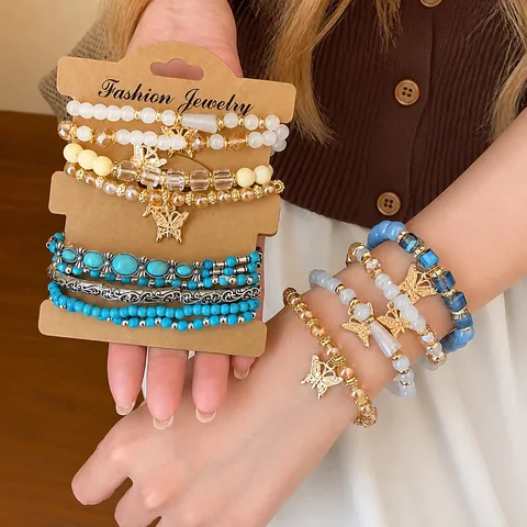 Bracelet Multicouches en Perles Bohème Rétro Pendentif Papillon Étoile de Mer Style Ethnique Verre Coloré Alliage Bijoux Femme