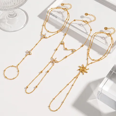Stainless Steel Hand Chain Bracelet Artificial Pearl Rhinestone Star Flower Gold Plated Bohemian Hand Harness Women Jewelry