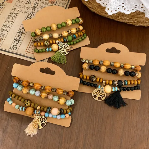 Vintage Boho Lebensbaum Quaste Armband Set für Damen Retro Holz Acryl Perlen Mehrlagiger Handschmuck