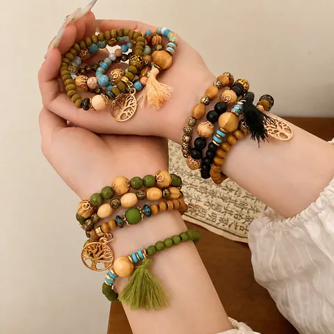 Vintage Boho Lebensbaum Quaste Armband Set für Damen Retro Holz Acryl Perlen Mehrlagiger Handschmuck