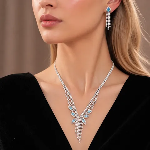 14K Gold Plated Zirconia Tassel Necklace And Earrings Luxury Copper Jewelry Collection Long Fringe Pendant For Women