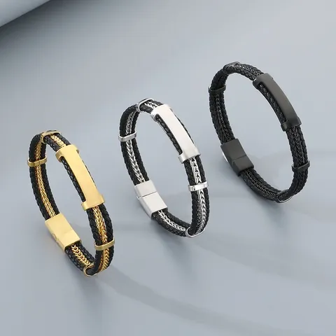 Mens Stainless Steel Braided Leather Bracelet Multi-layer Punk Hip-hop Style Jewelry Magnetic Clasp
