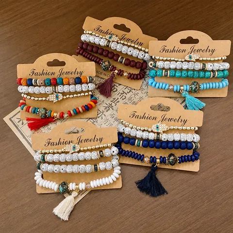 Bohemian Ethnic Beaded Bracelet Set For Women Acrylic Cotton Rope Rhinestone Hamsa Hand Evil Eye Elastic Tassel Bracelet Jewelry