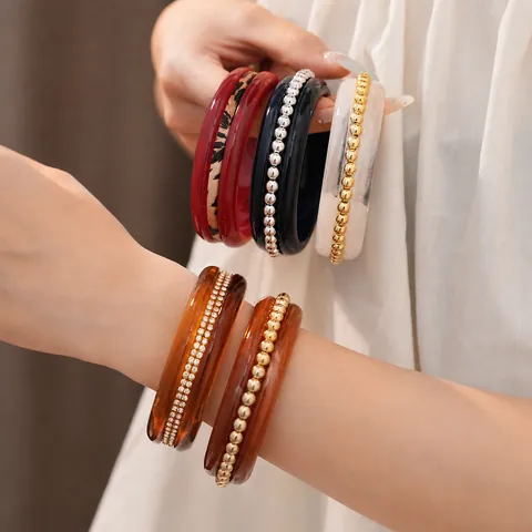 Resin Bangle Bracelet For Women With Metal Beads Rhinestone Leather Leopard Print Retro Style Jewelry Bangle Accessory