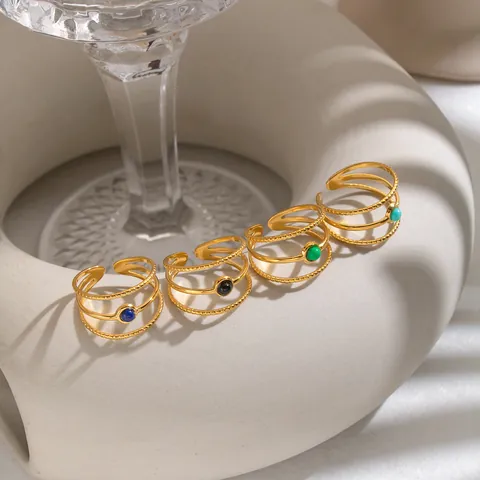 Anello Regolabile A Triplo Strato Retro Acciaio Inossidabile Placcato Oro 18K Pietra Naturale Rotonda Turchese Agata Gioielli Vintage