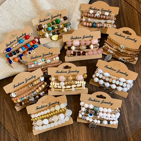 Bohemian Acrylic Rhinestone Beaded Bracelet Sets For Women Alloy Heart Elephant Charm Multi Layer Stretch Bracelet Ethnic Jewelry Gift