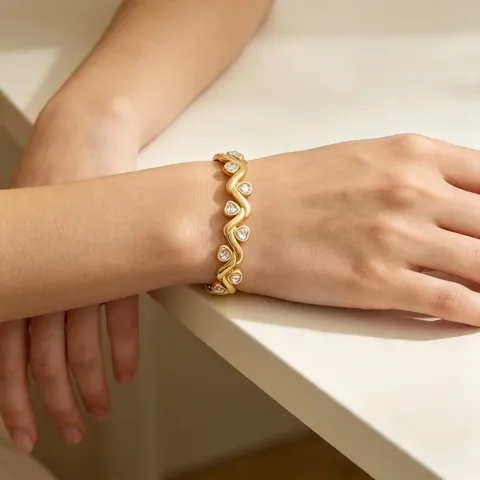 Vintage Stainless Steel Gold Plated Twisted Bangle For Women Colorful Square Heart Rhinestone Spring Open Bracelet Jewelry
