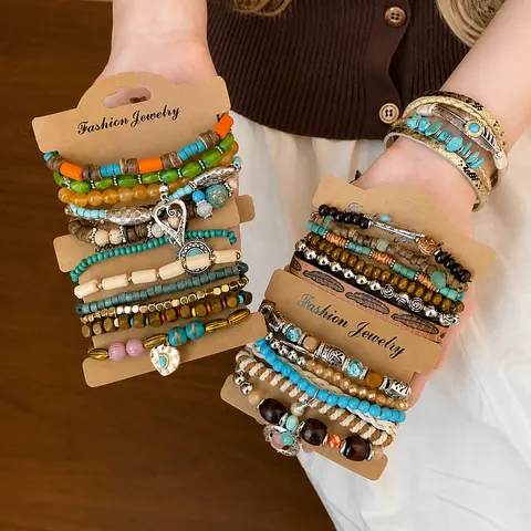 Ensemble de Bracelets Multicouches en Cuir et Verre au Chalumeau Style Bohémien Bracelets Enveloppants Vintage en Bois et Alliage pour Femmes