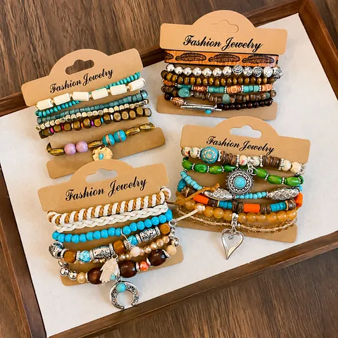 Ensemble de Bracelets Multicouches en Cuir et Verre au Chalumeau Style Bohémien Bracelets Enveloppants Vintage en Bois et Alliage pour Femmes