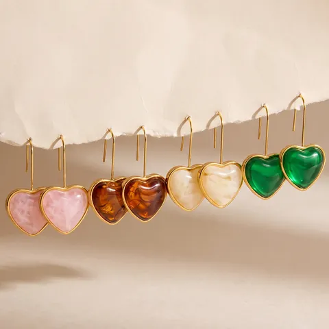 Fashion Stainless Steel Heart Earrings For Women 18K Gold Plated Resin Inlay Geometric Dangle Hook Earrings Daily Party Jewelry