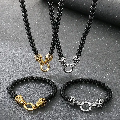 Punk Skull Beaded Necklace And Bracelet Stainless Steel Black Agate Beads Gothic Rhinestone Vintage Jewelry For Men