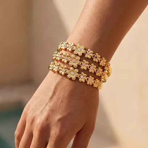 Bracelet Jonc Fleur en Acier Inoxydable pour Femmes Plaqué Or 18K Strass Incrusté Bracelet Motif Floral Élégant Bijoux