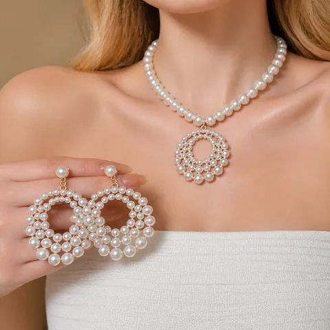 French Style Hollow Round Artificial Pearl Earrings Necklace Set Alloy Rhinestone Jewelry For Women Gold White Elegant