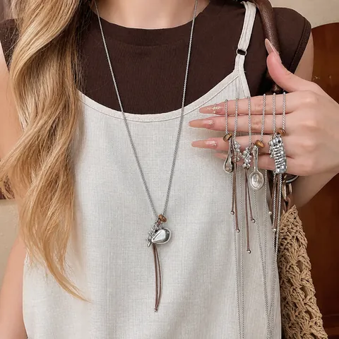 Korean Minimalist Style Resin Fish Spoon Comb Water Drop Pendant Necklace For Women Brown Leather Cord Alloy Sweater Chain Daily Jewelry