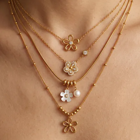 Stainless Steel Hollow Flower Pendant Necklace Gold Plated Rhinestone Artificial Pearl Fashion Choker Jewelry For Women