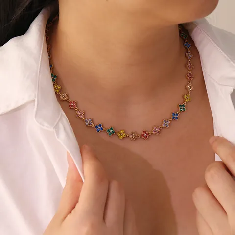Vintage Stainless Steel Colorful Rhinestone Flower Pendant Necklace For Women Luxury Four Leaf Clover Design Jewelry Gift N1769