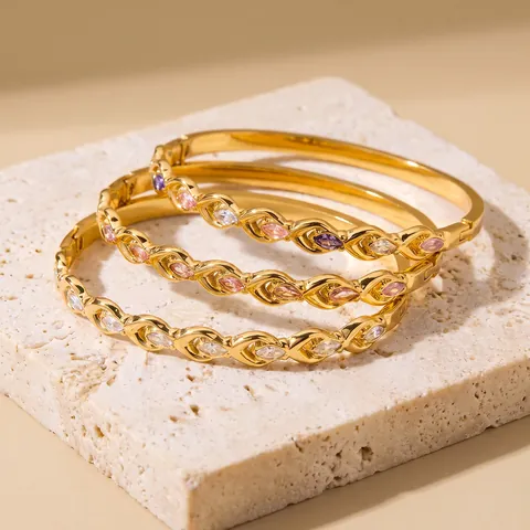 18K Gold Plated Stainless Steel Marquise Zirconia Bangle For Women Geometric Hollow Design Light Luxury Fashion Jewelry