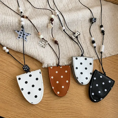 Korean Style Polka Dot Artificial Leather Glasses Bag Necklace For Women Portable Sunglasses Holder Pendant Neck Hanging Sweater Chain Fashion Jewelry Accessory