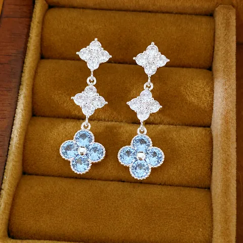 Elegant Zirconia Lucky Clover Drop Stud Earrings With Silver Earring Post Copper Base Blue Floral Jewelry For Women