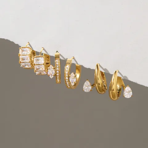 Luxury Stainless Steel Rhinestone Hoop Earrings For Women Geometric Gold Plated Huggie Ear Buckle Fashion Jewelry Accessories Gift