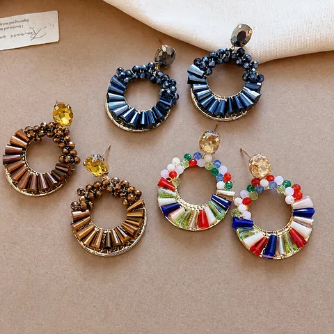 Boho Bali Stil Regenbogen Kristall Strass Ohrringe Für Damen Urlaub Geometrische Runde Hängeohrringe Gold Schmuck Geschenk