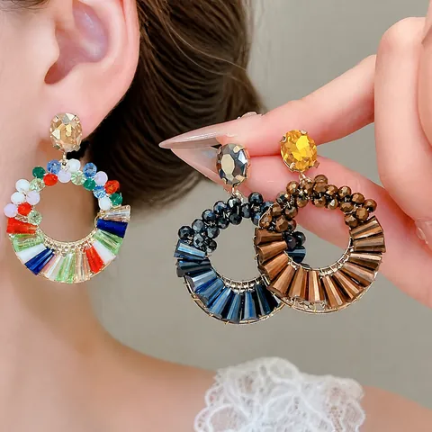 Boho Bali Stil Regenbogen Kristall Strass Ohrringe Für Damen Urlaub Geometrische Runde Hängeohrringe Gold Schmuck Geschenk