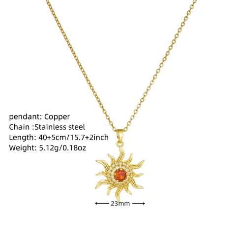 Elegant Octagram Sun Flower Pendant Necklace PVD Gold Plated Stainless Steel Chain Copper Rhinestone Necklace For Women Jewelry