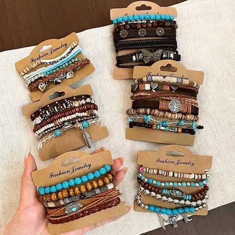 Bohemian Ethnic Multilayer Wood Bead Bracelet Set For Women Retro Alloy Butterfly Feather Charms Woven Leather Jewelry