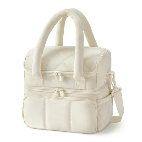 Bolsa de Almuerzo Aislada de Doble Capa para Mujer Nailon Acolchado de Diamantes Lonchera a Prueba de Fugas Reutilizable Bolsa de Picnic con Correa