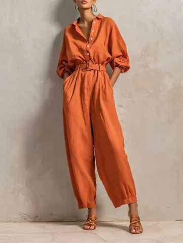 Women V Neck Button Jumpsuit With Belt Solid Color Slim Fit Long Sleeve Casual Romper One Piece Autumn Outfit