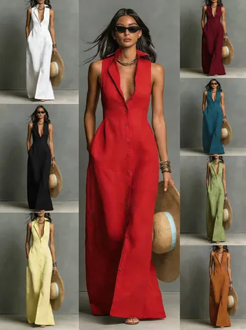 Women's Sleeveless Single Breasted Maxi Dress Polyester Spandex Shirt Collar Slim Fit Solid Color Summer Beach Long Dress