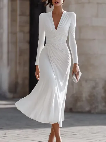 Women Elegant Bodycon Ruched V-Neck Long Sleeve Dress Irregular Hem Solid Color Midi Long Dress Party Gown For Women