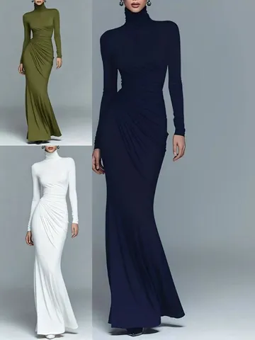 Elegant Turtleneck Long Sleeve Ruched Maxi Dress For Women Slim Fit Solid Color Polyester Evening Party Wedding Bodycon Dress